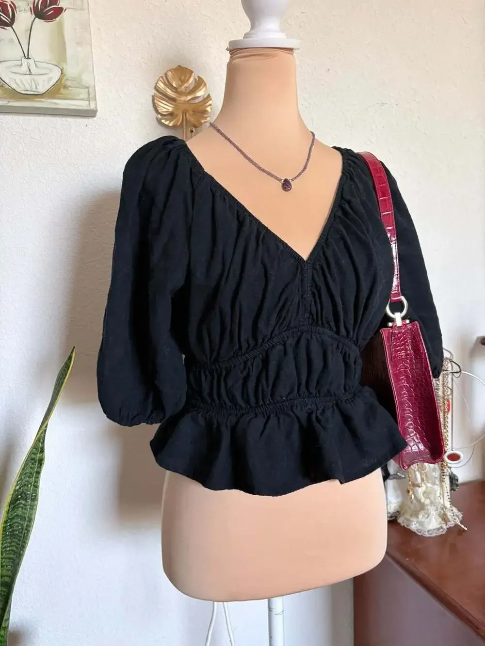 Abercrombie & Fitch Black Ruched Peplum Top